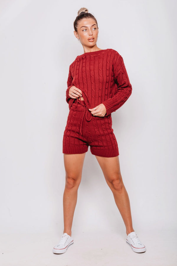 Wine Cable Knit Jumper & Shorts Lounge Set