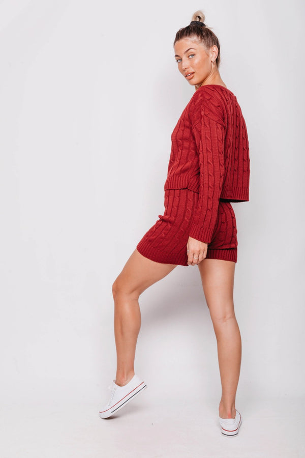 Wine Cable Knit Jumper & Shorts Lounge Set