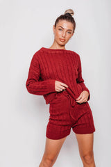 Wine Cable Knit Jumper & Shorts Lounge Set