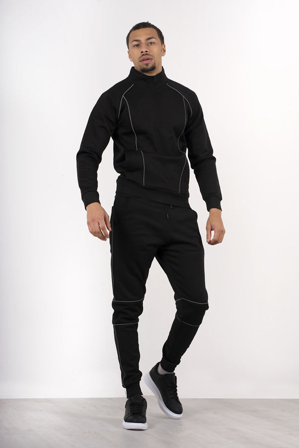 Mens Black Tracksuit With Reflective Piping Detail