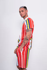 Mens Red Stripe T-Shirt And Short Set