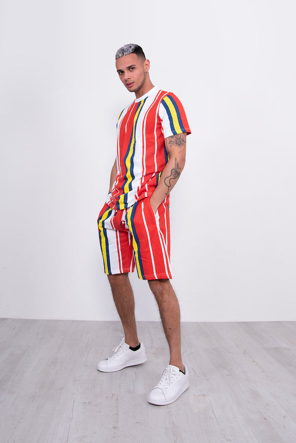 Mens Red Stripe T-Shirt And Short Set
