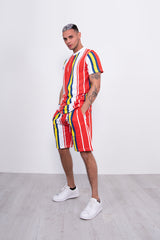 Mens Red Stripe T-Shirt And Short Set