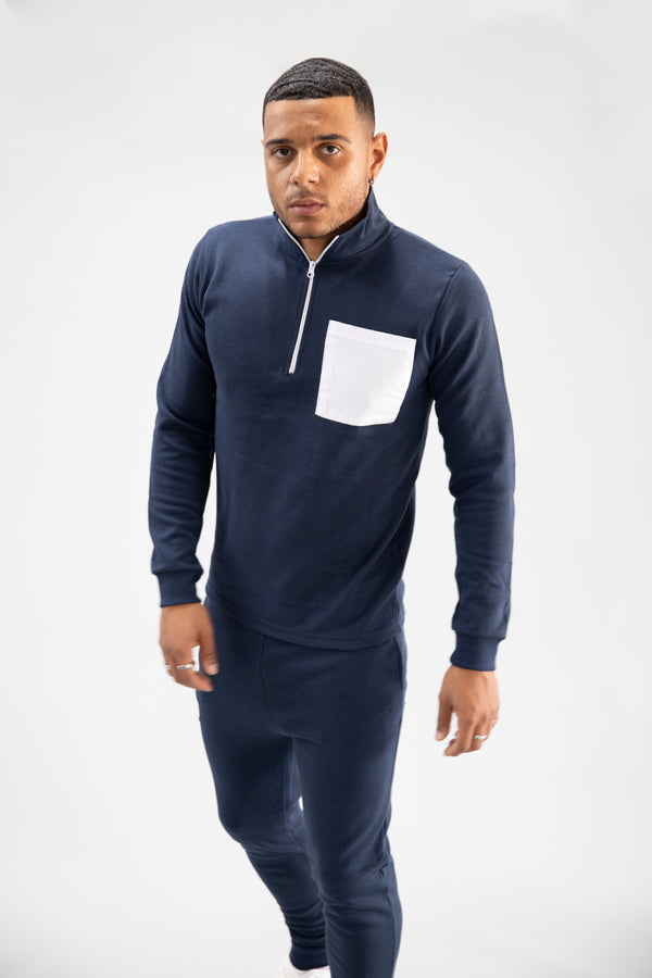 Navy Half Zip Contrast Pockets Skinny Fit Tracksuit 