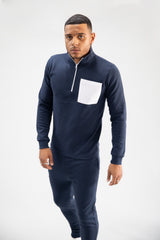 Navy Half Zip Contrast Pockets Skinny Fit Tracksuit 