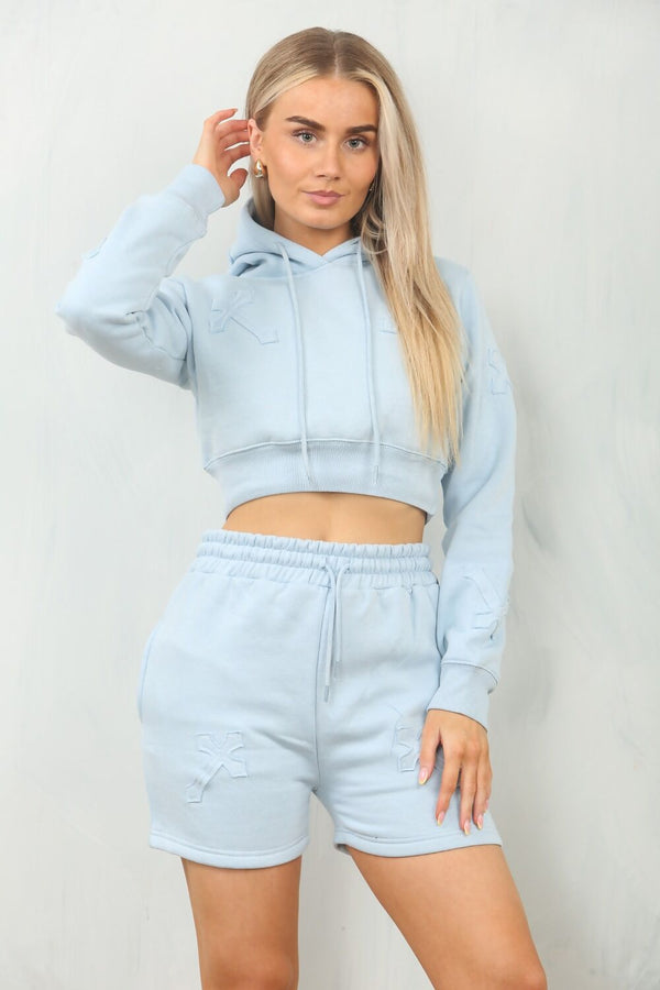 Light Blue Two Piece Crucifix Hoodie With Shorts Set