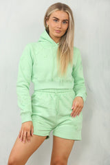 Mint Crucifix Embroidered Cropped Hoodie Shorts Set