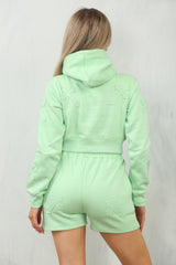 Mint Crucifix Embroidered Cropped Hoodie Shorts Set