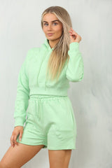 Mint Crucifix Embroidered Cropped Hoodie Shorts Set