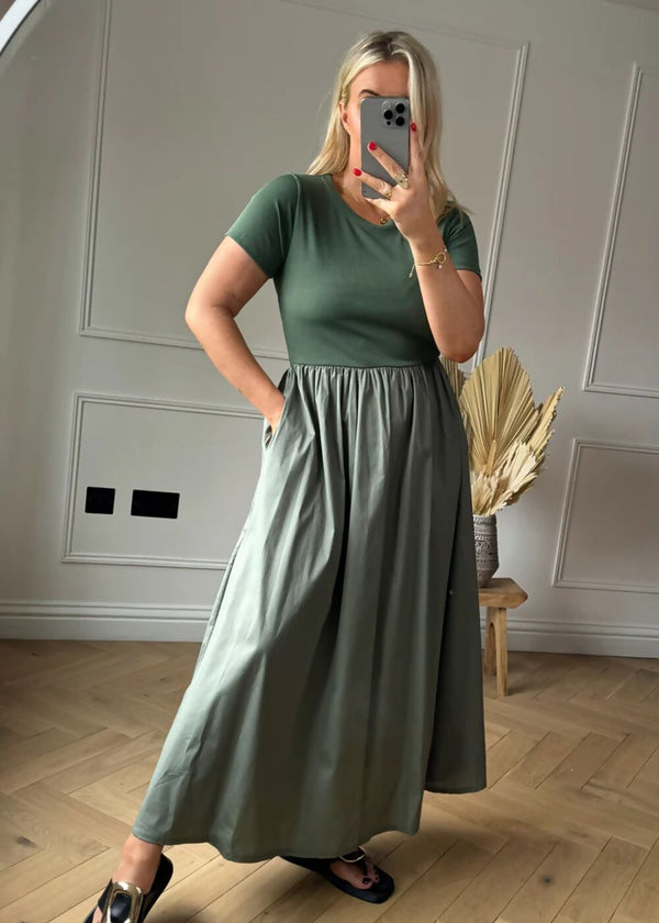 Khaki Short Sleeve Maxi Dress with Gathered Waist