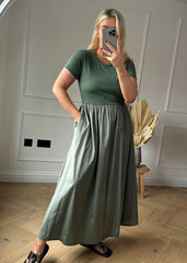 Khaki Short Sleeve Maxi Dress with Gathered Waist