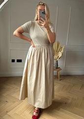Beige Short Sleeve Maxi Dress with Gathered Waist