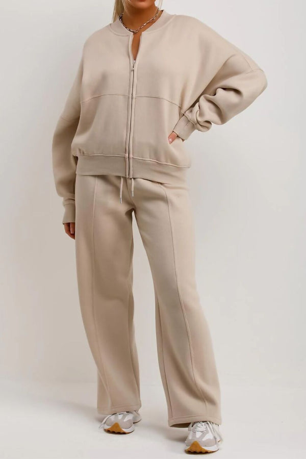 Oatmeal Bomber Sweatshirt With Straight Leg Jogger