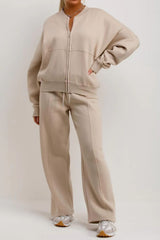 Oatmeal Bomber Sweatshirt With Straight Leg Jogger
