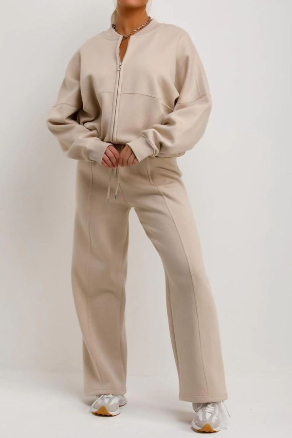 Oatmeal Bomber Sweatshirt With Straight Leg Jogger