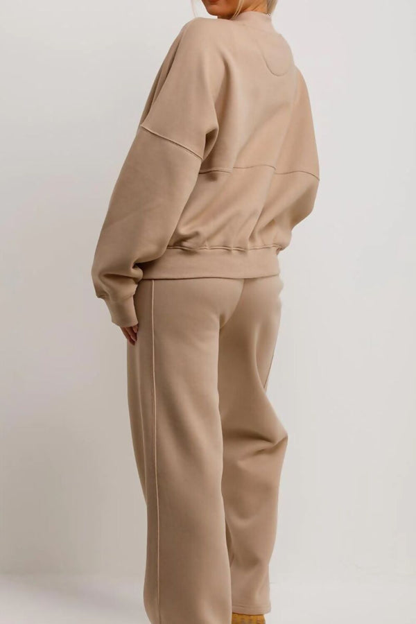Beige Bomber Sweatshirt With Zip And Joggers Loungewear Set