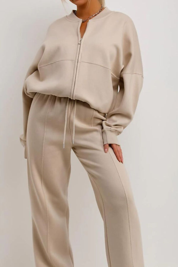 Oatmeal Bomber Sweatshirt With Straight Leg Jogger