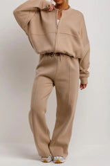 Beige Bomber Sweatshirt With Zip And Joggers Loungewear Set
