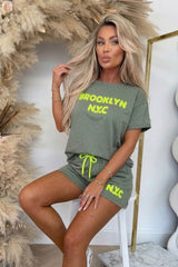 Khaki Brooklyn NYC Embroidered Oversized T-shirt and Shorts Set