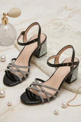 Black Diamanté Strappy Block Heel Sandals - Elara