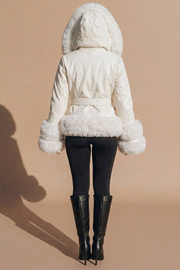 Ivory Belted Coat with Faux Fur Trim - Isabella