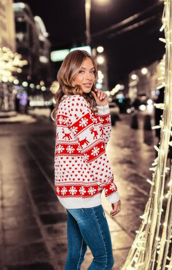 Cream Reindeer And Snowflake Print Long Sleeve Knit Christmas Jumper - Holly