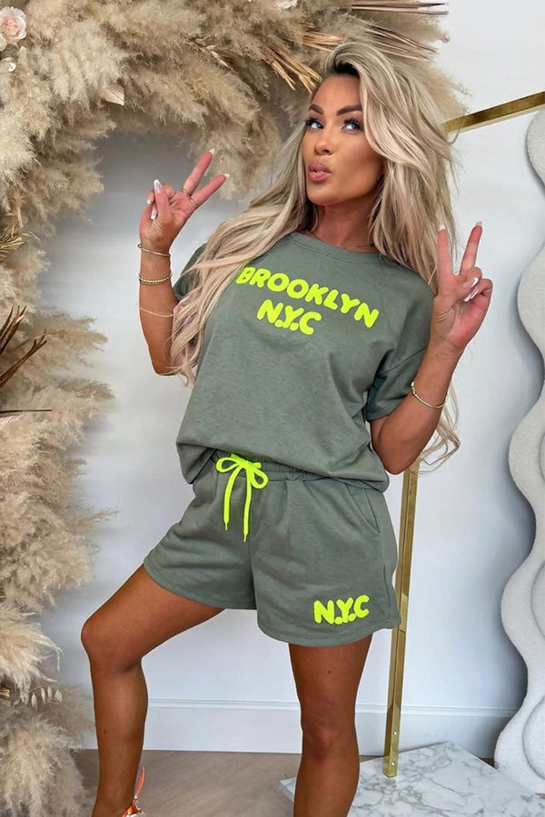 Khaki Brooklyn NYC Embroidered Oversized T-shirt and Shorts Set