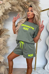 Khaki Brooklyn NYC Embroidered Oversized T-shirt and Shorts Set