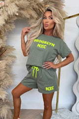 Khaki Brooklyn NYC Embroidered Oversized T-shirt and Shorts Set