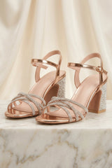 Champagne Diamanté Strappy Block Heel Sandals - Elara
