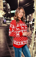 Red Reindeer And Snowflake Print Long Sleeve Knit Christmas Jumper - Holly