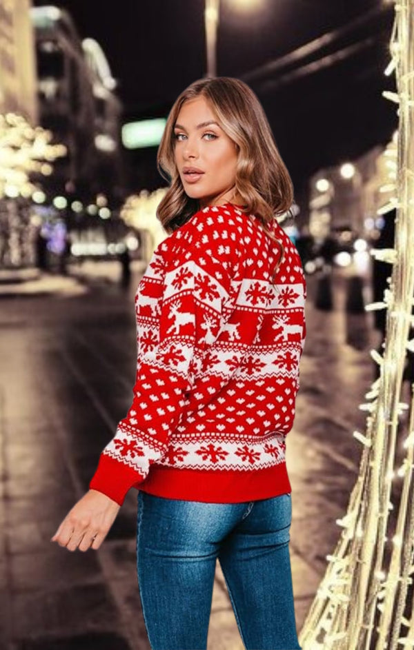 Red Reindeer And Snowflake Print Long Sleeve Knit Christmas Jumper - Holly