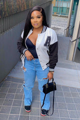 White Contrast Sleeve Letter A Varsity Jacket