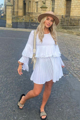 White Pleated Ruffle Mini Dress