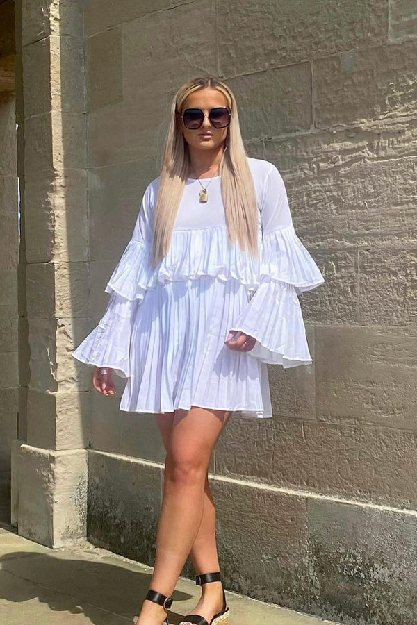 White Pleated Ruffle Mini Dress