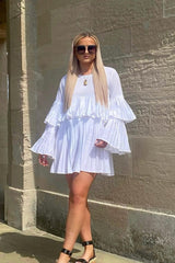 White Pleated Ruffle Mini Dress