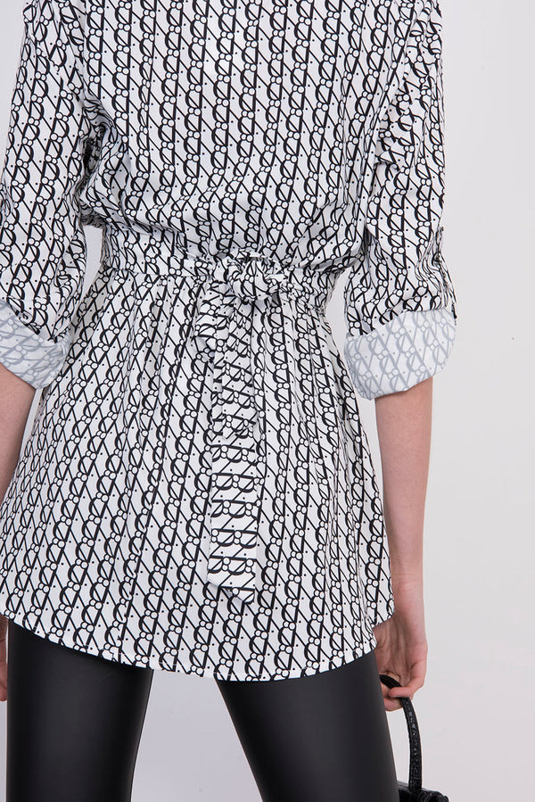 White Printed Belted Blouse