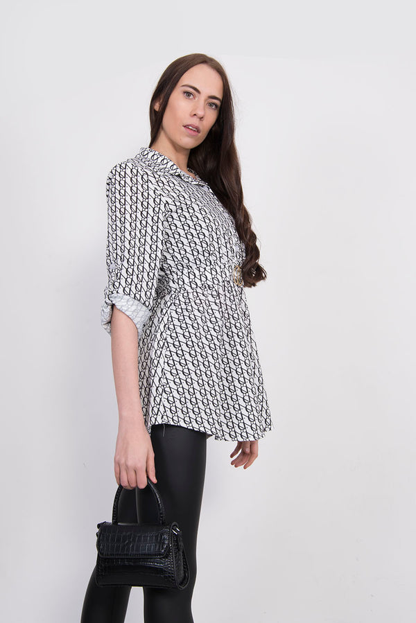 White Printed Belted Blouse
