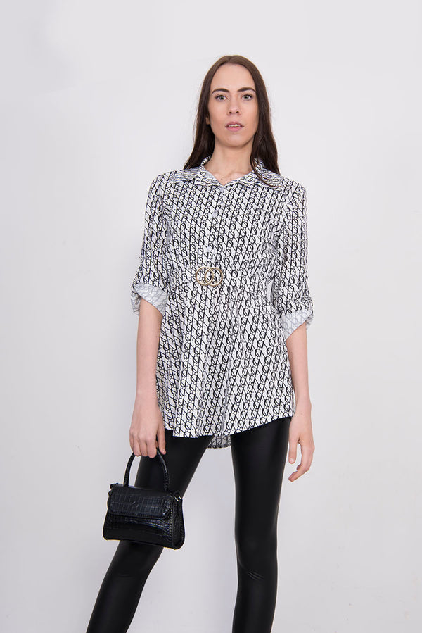 White Printed Belted Blouse