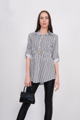 White Printed Belted Blouse