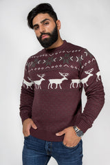 Mens Burgandy Nordic Stag Festive Christmas Jumper