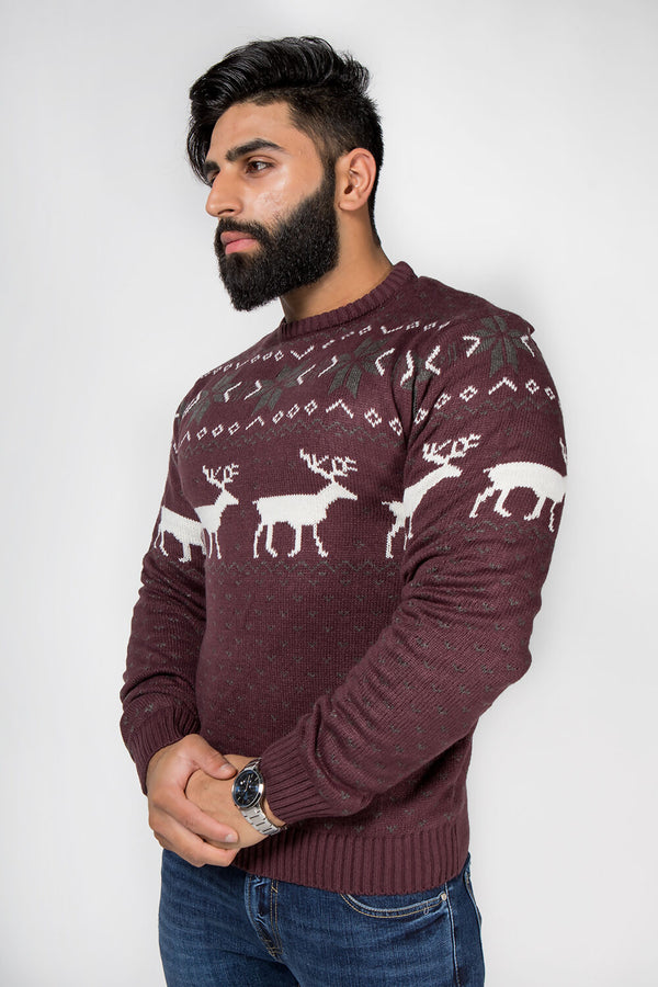 Mens Burgandy Nordic Stag Festive Christmas Jumper