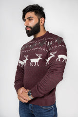 Mens Burgandy Nordic Stag Festive Christmas Jumper
