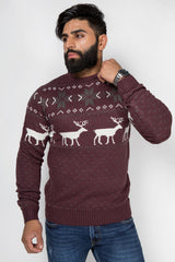 Mens Burgandy Nordic Stag Festive Christmas Jumper