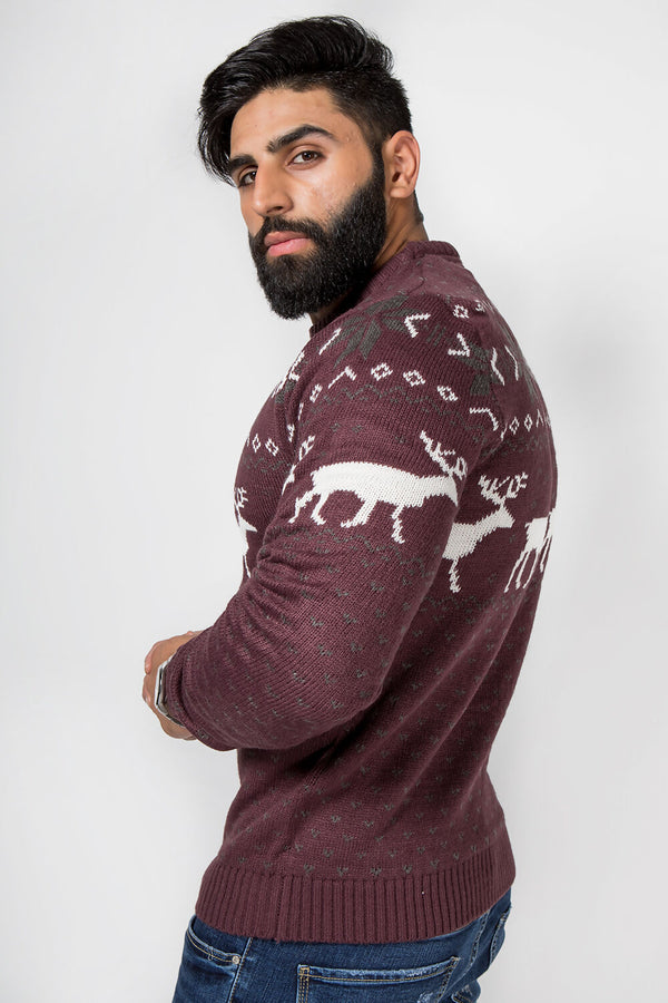 Mens Burgandy Nordic Stag Festive Christmas Jumper