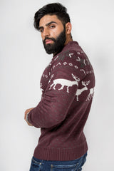 Mens Burgandy Nordic Stag Festive Christmas Jumper