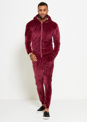 Mens Wine Velvet Biker Ribbed Padding Skinny Fit Tracksuit