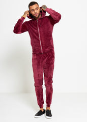 Mens Wine Velvet Biker Ribbed Padding Skinny Fit Tracksuit