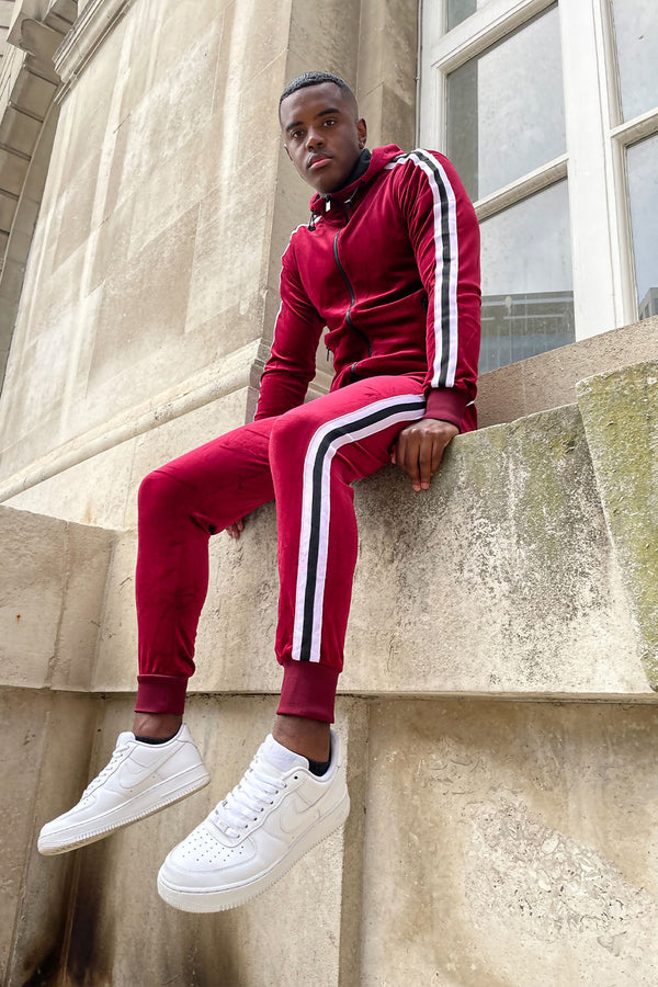 Mens Wine Velvet Twin Side Stripe Hooded Skinny Fit Tracksuit