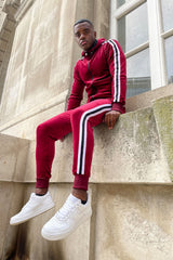 Mens Wine Velvet Twin Side Stripe Hooded Skinny Fit Tracksuit